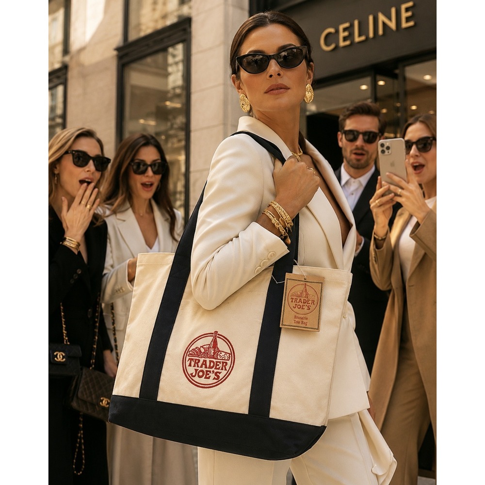 Trader Joe's Reusable Tote Bag Unisex Large Navy Blue Cream NEW Canvas Grocery